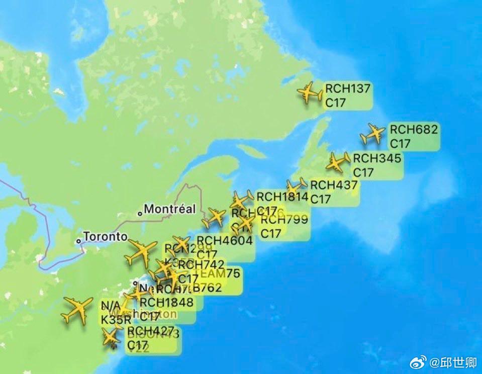 不論川普說什麼，我們看到的是美國正透過空運向中東部署大量兵力。空中交通追蹤顯示，