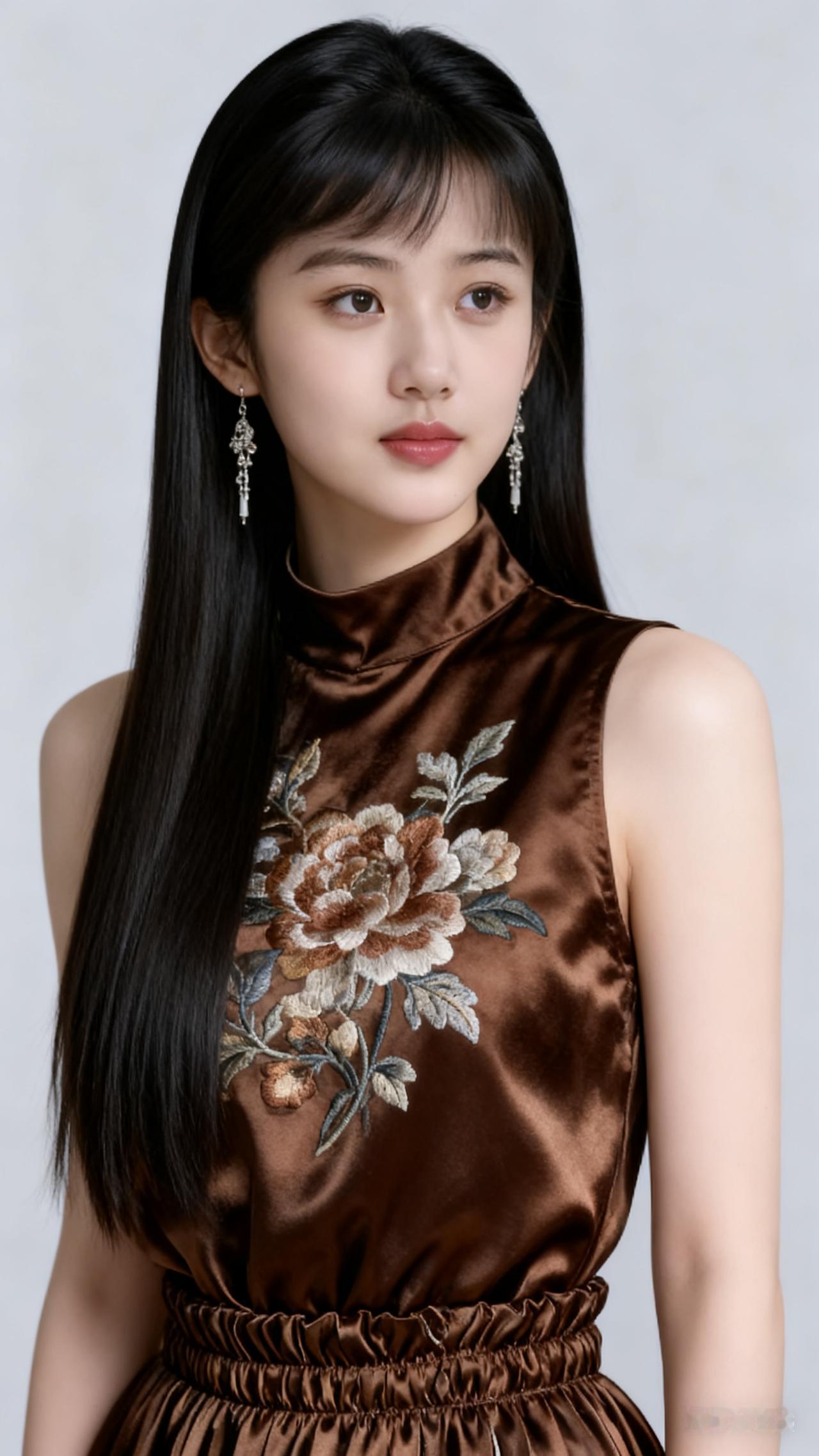 专业人像写真，20岁绝色美女，柔顺长直发泛光泽，戴精致长耳坠，浓眉大眼、肌肤白皙