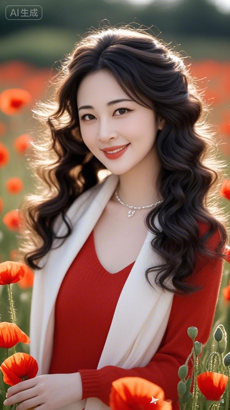 春日暖阳下，红衣少女与花海相映成趣，笑靥如花