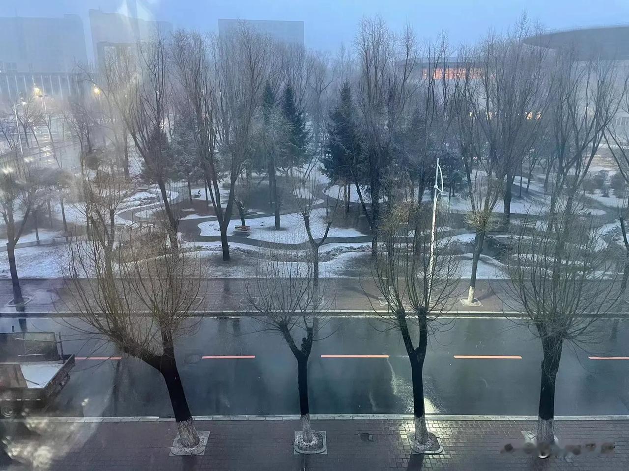 清雪后的地面，就像一幅巨大的浑然天成的图画，恐怕很多专业画家也画不出这么美的效果