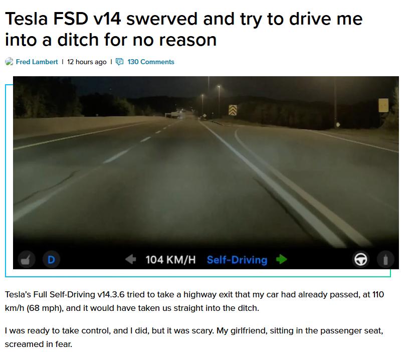 给大家看一个满血版FSD“误判出口”的报道

内容说的是110km/h、夜晚、干