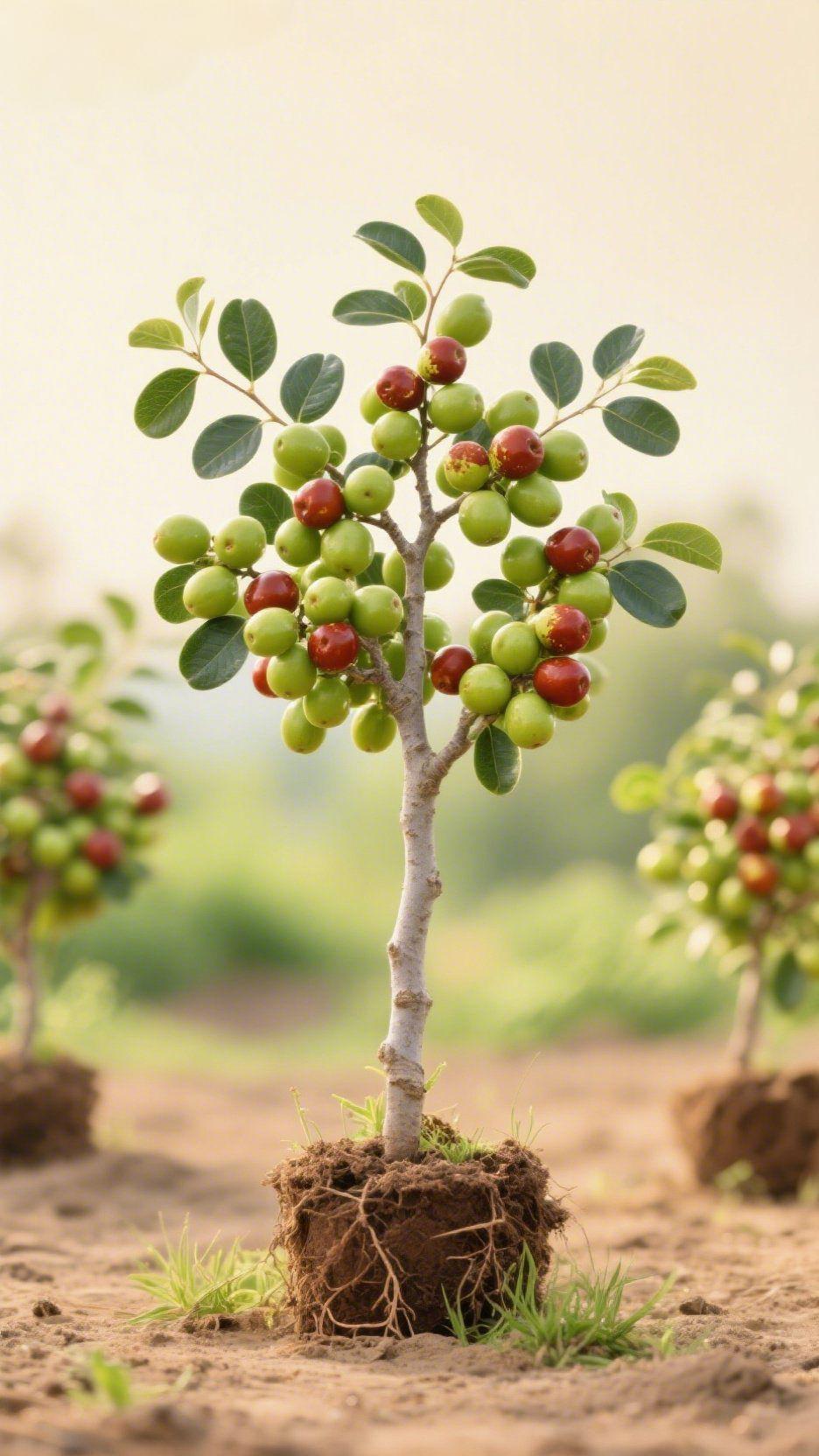 《青枣裹着秋光》
 
夕光刚漫过田埂，我蹲在这株矮枣旁时，枝桠正坠着半树青红。