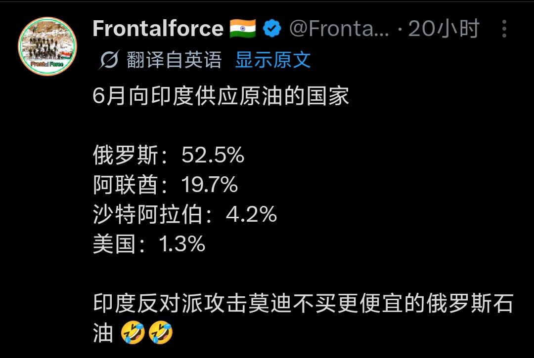 最新原油进口数据出炉，印度6月石油来源彻底变天。
俄罗斯一家独占52.5%，超过