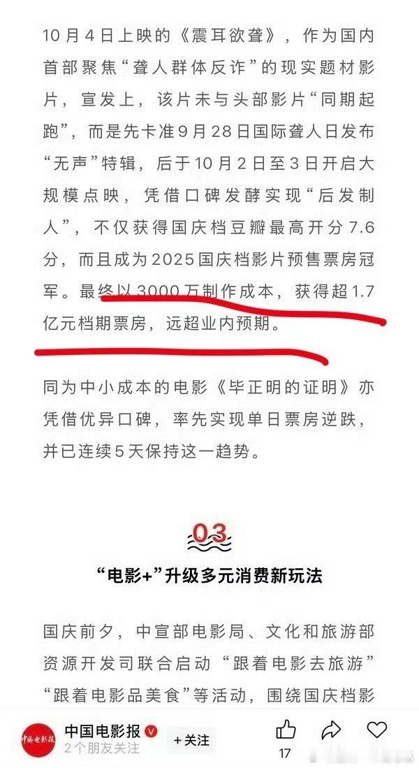 中国电影报发文：檀健次震耳欲聋制作成本才3000万喔，票房远超业内预期 ​​​