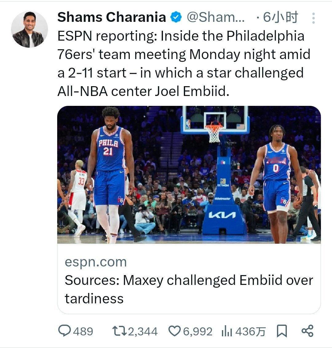 nba超会评  Shams节目里提到，虽然马克西和恩比德关系不错，但是在内部会议