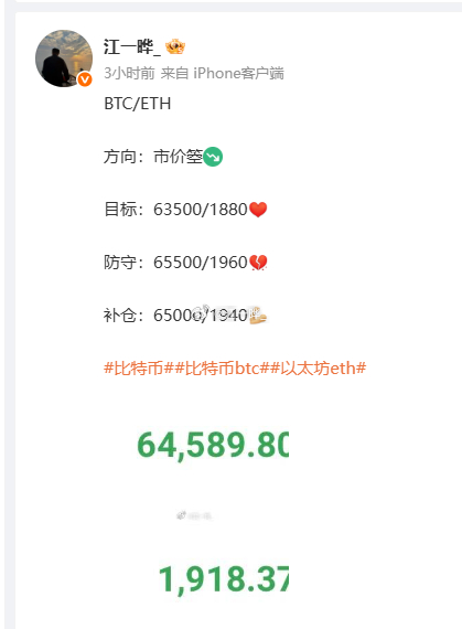 晚上数据没什么影响，还是按计划行事！技术面已经触顶了，我们比特币均价64800，