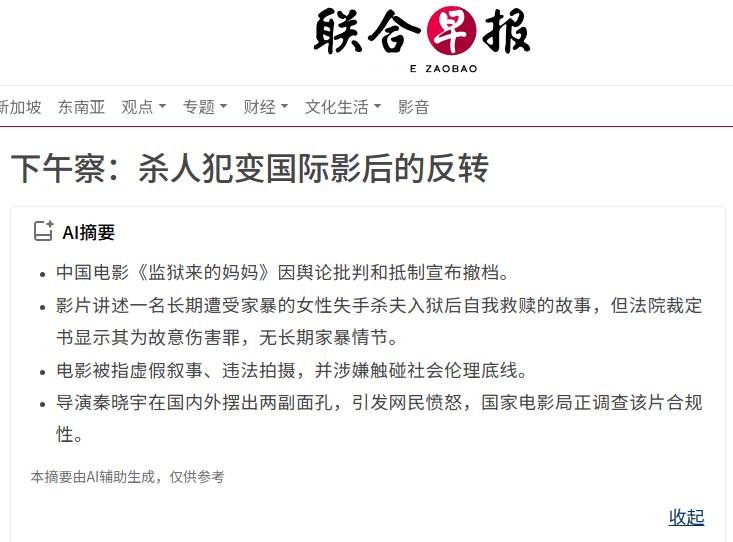 坡县的《联合早报》都来批评《监狱来的妈妈》，这部电影确实没底线。 