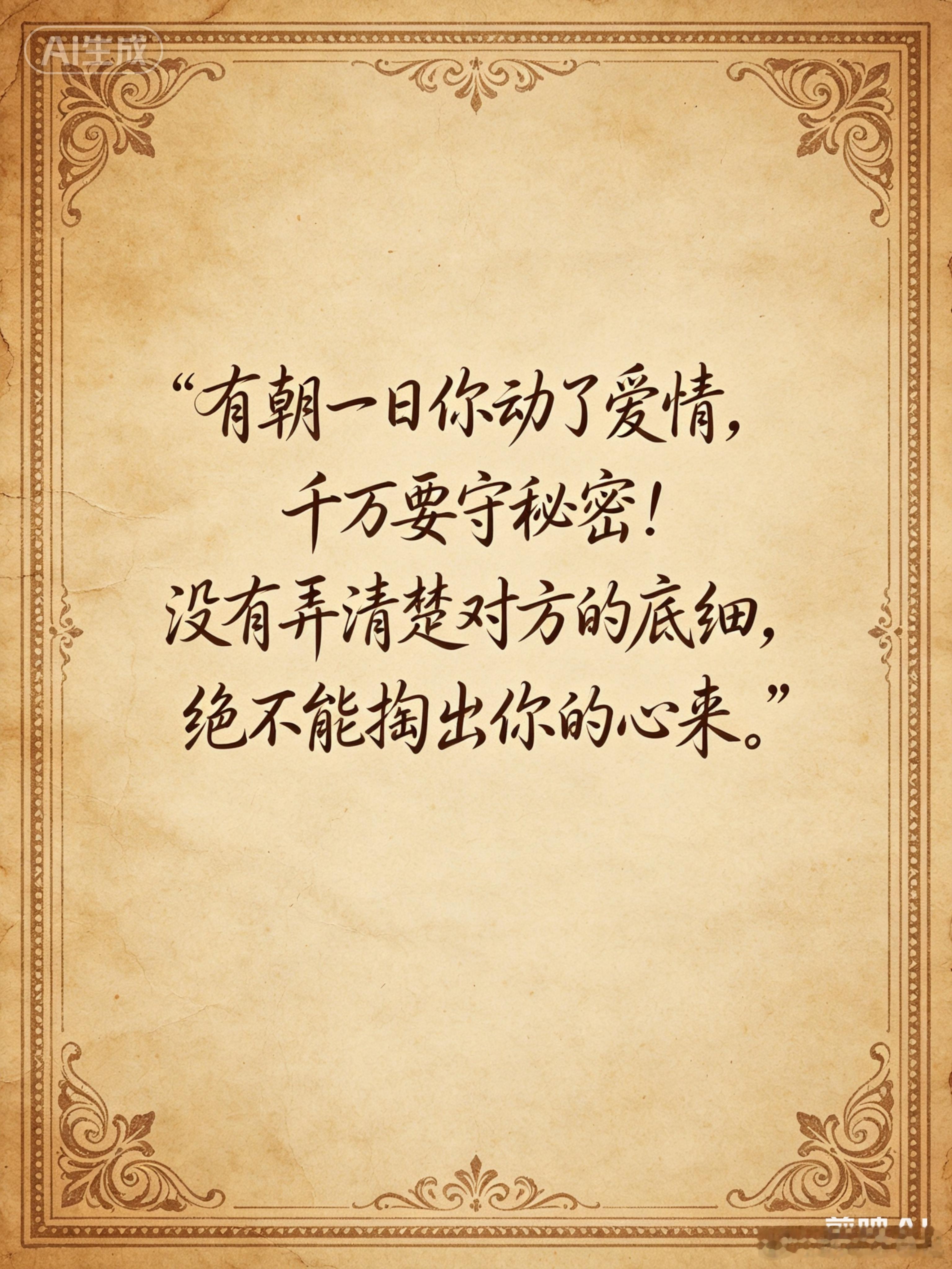 有朝一日你动了爱情，千万要守秘密！没有弄清楚对方的底细，绝不能掏出你的心来。——