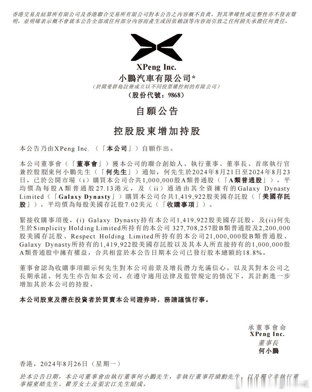 何小鹏在MONA上市前夕增持小鹏汽车约1.07亿港币8月26日，小鹏汽车发布公告
