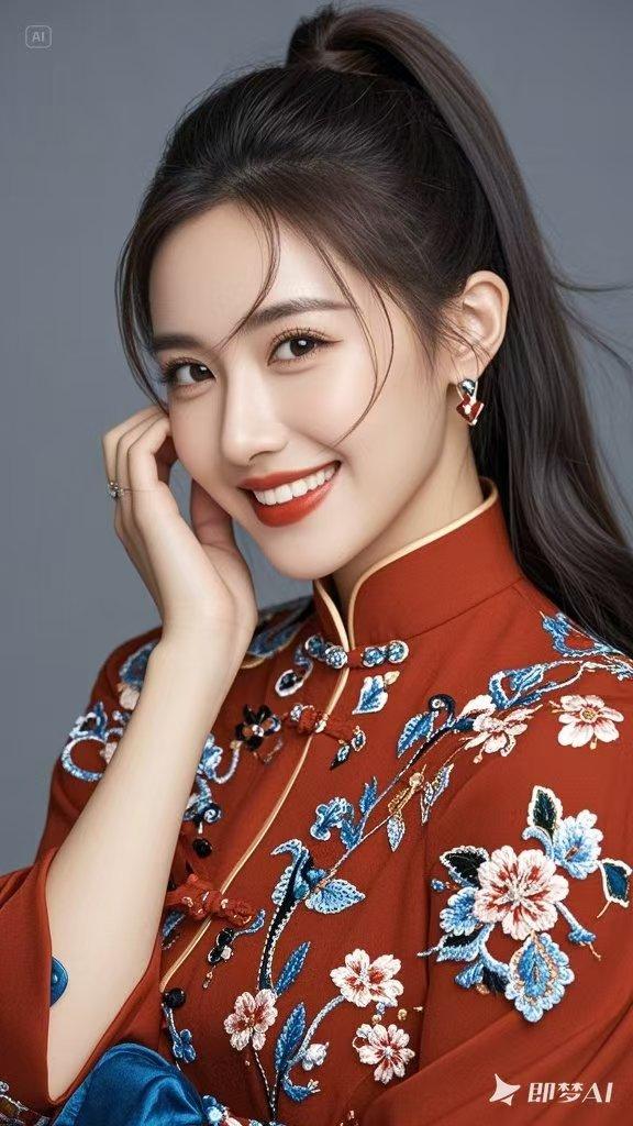 穿红衣花绣服饰的女孩，她们站在古色古香的庭院里，与周围的环境相得益彰。那一抹鲜艳