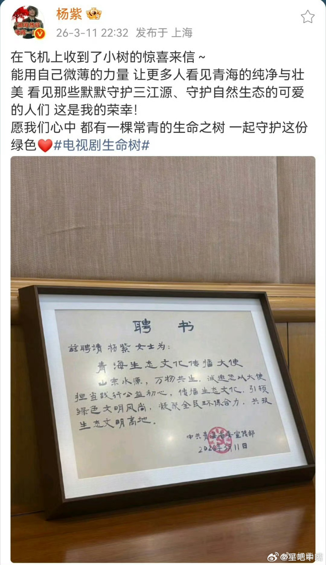 杨紫青海生态文化传播大使我确实是通过《生命树》，了解青海了解三江源！那里离我太遥