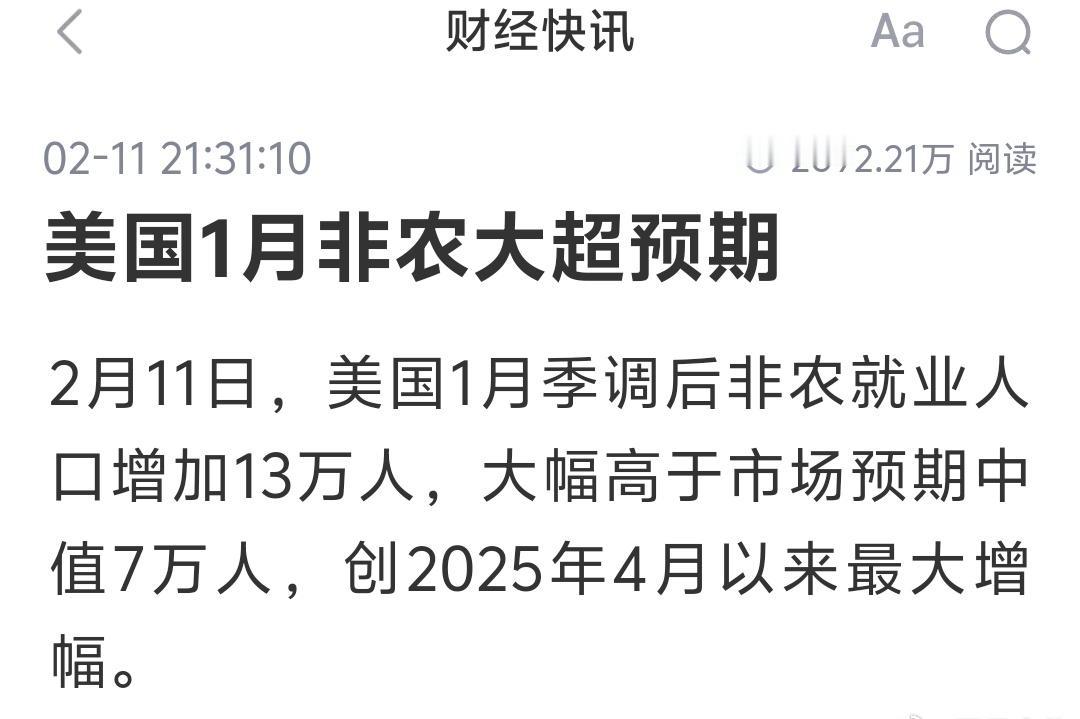 美国非农数据超预期
美国1月季调后非农就业人口增加13万人

看来降息预期要往后