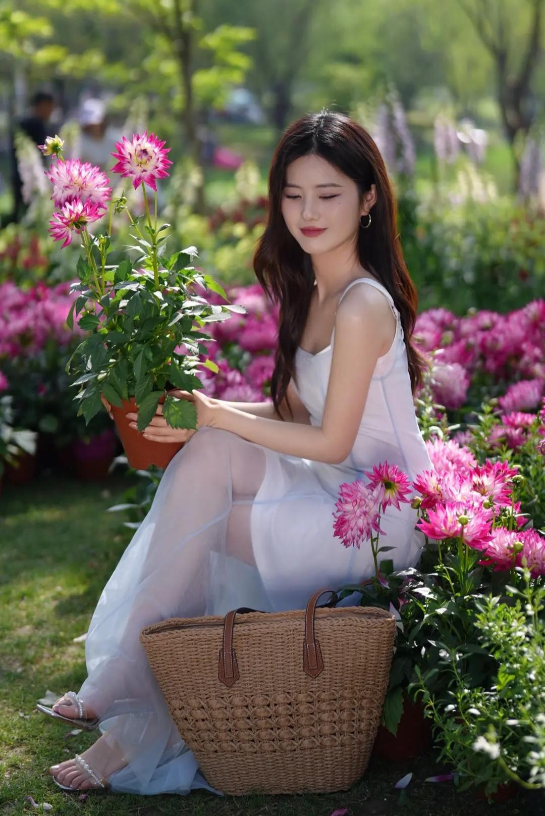 一个穿白裙的女孩坐在花丛中，享受美好时光。