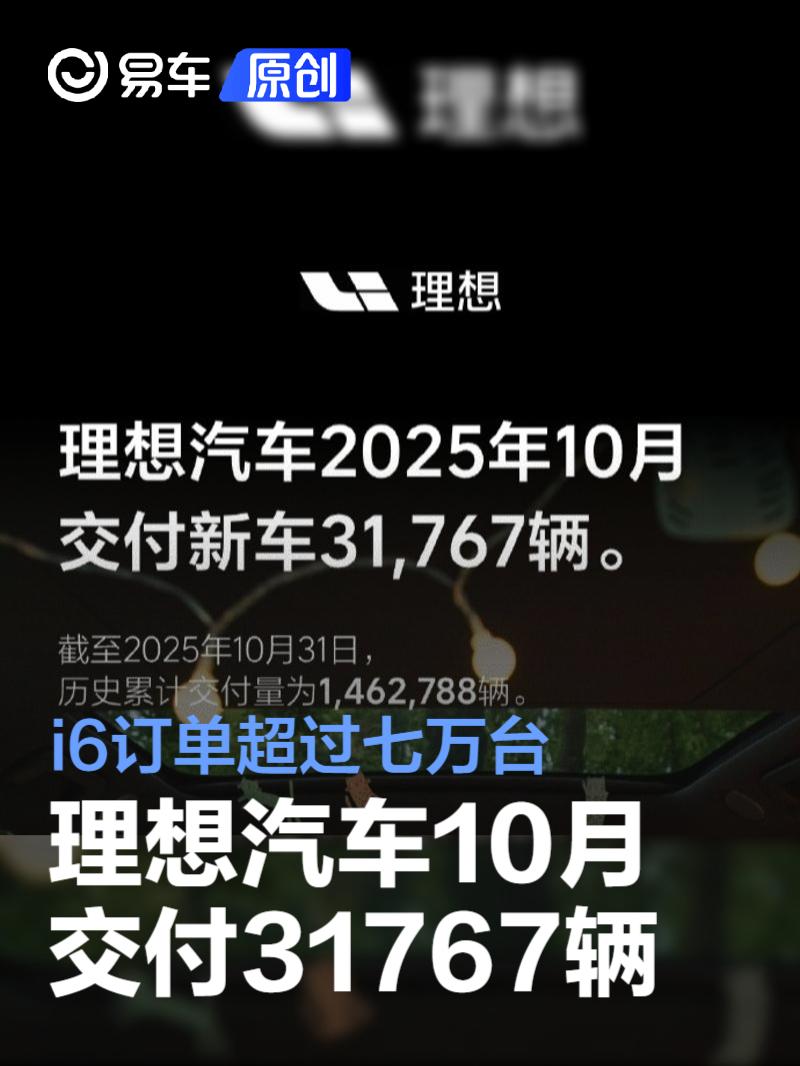 理想汽车10月交付31767辆 i6订单超过七万台