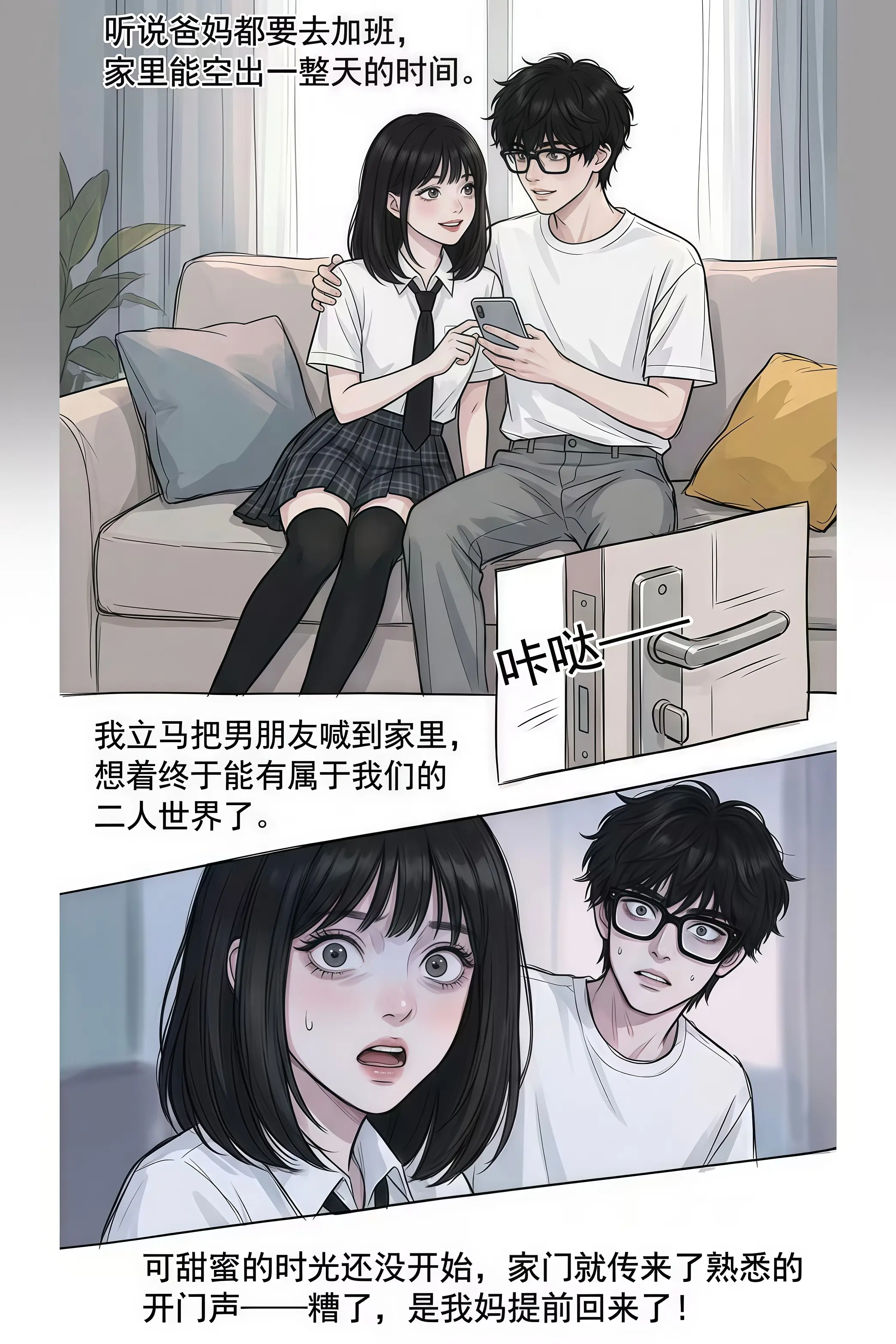 和男朋友偷偷约会，结果妈妈突然回家了。