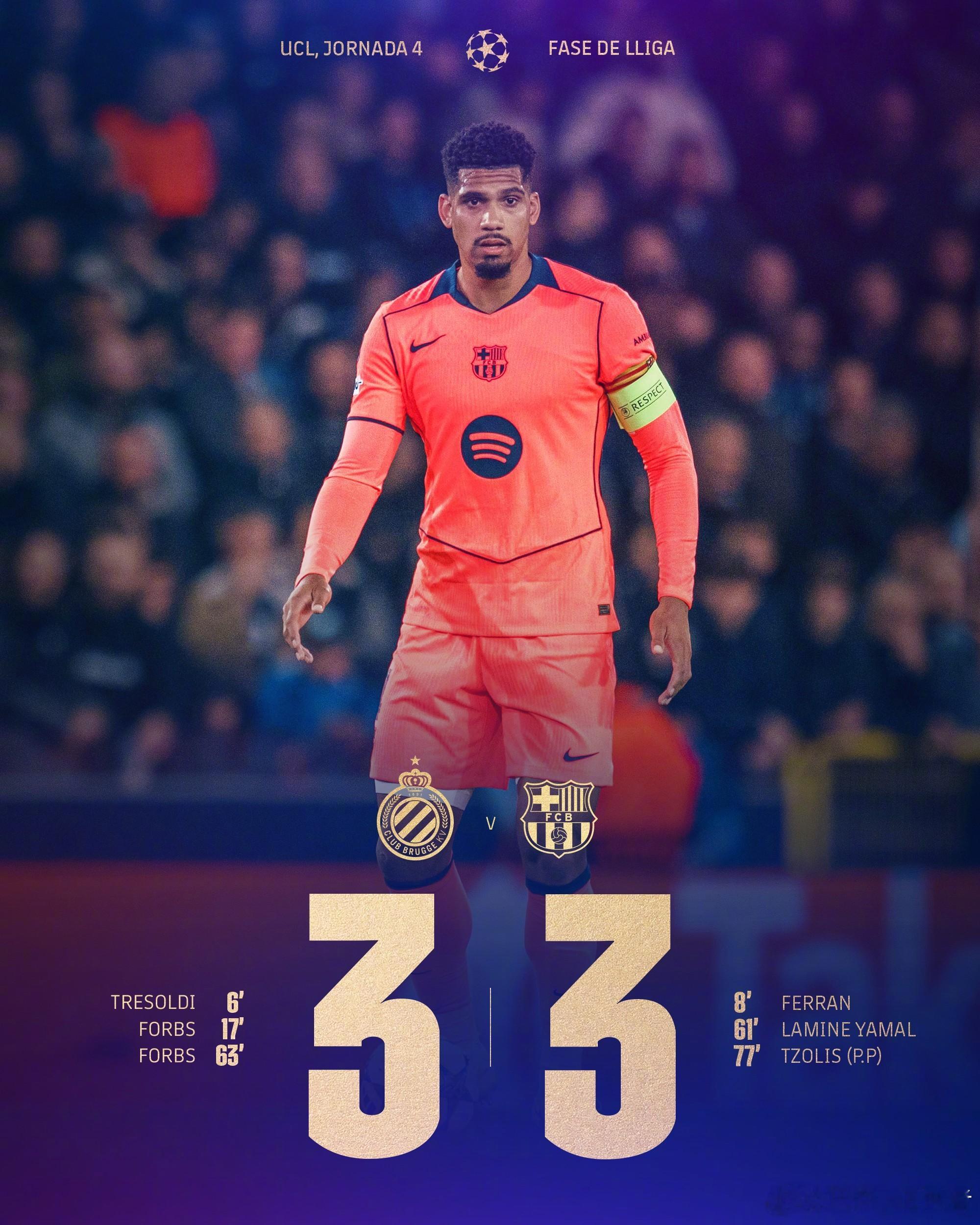 欧冠大组赛全场比赛结束，布鲁日 3-3 巴塞罗那进球：特雷索尔迪6’（佛布斯），