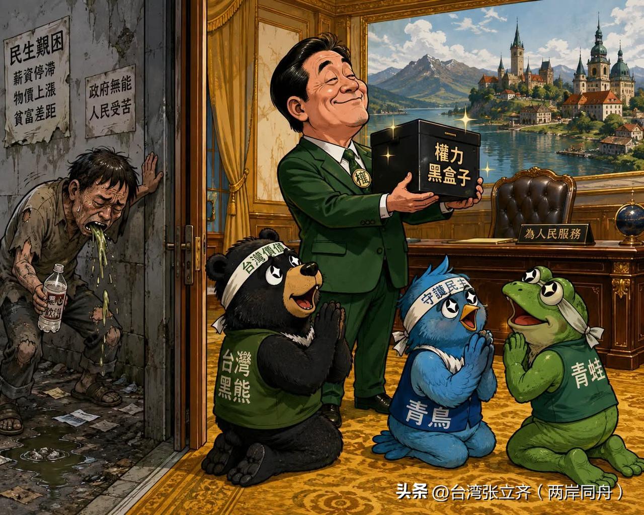 曾经震天响高喊反黑箱，如今民进党手握权力黑盒子，青鸟、蛙群纷纷跪地拥护。
外头百