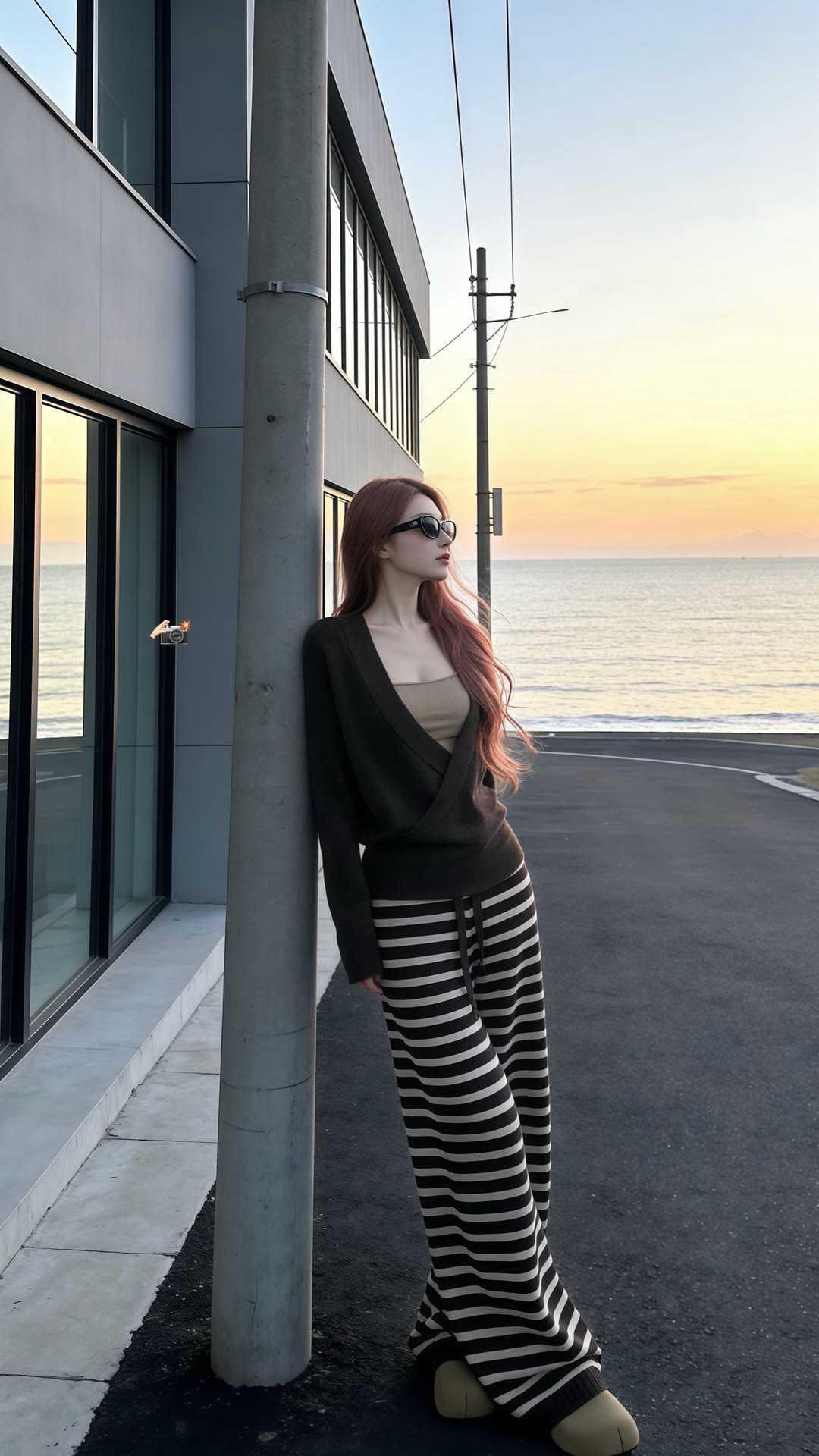 看看气质女神的穿着搭配吧粉发与落日余晖交映，极简穿搭自带松弛高级感。条纹针织衫配