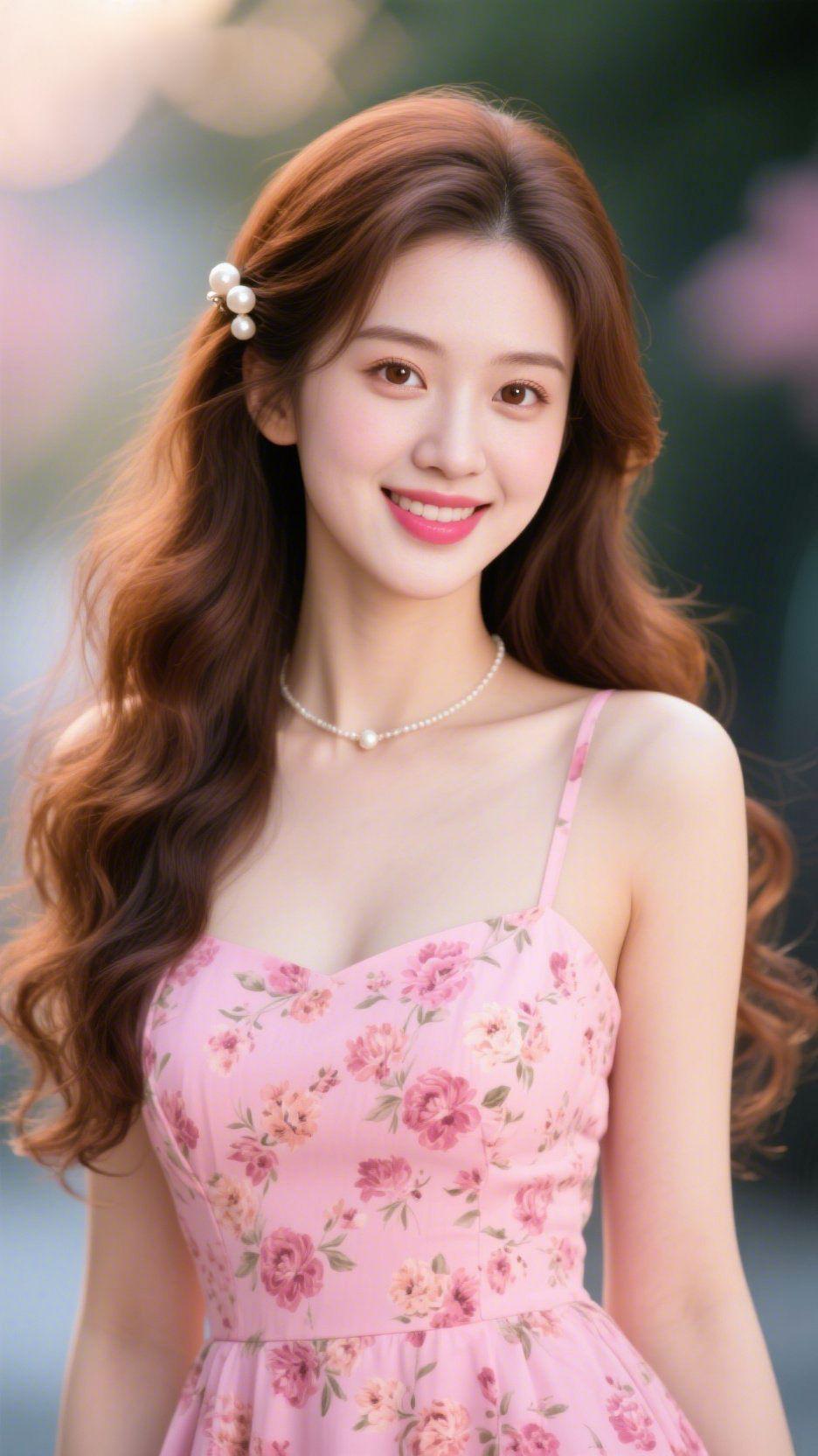 《粉裙栖春柔风间》
 
柔风裹着春的暖意漫来，她立在朦胧光晕中，粉裙上的花簇如沾