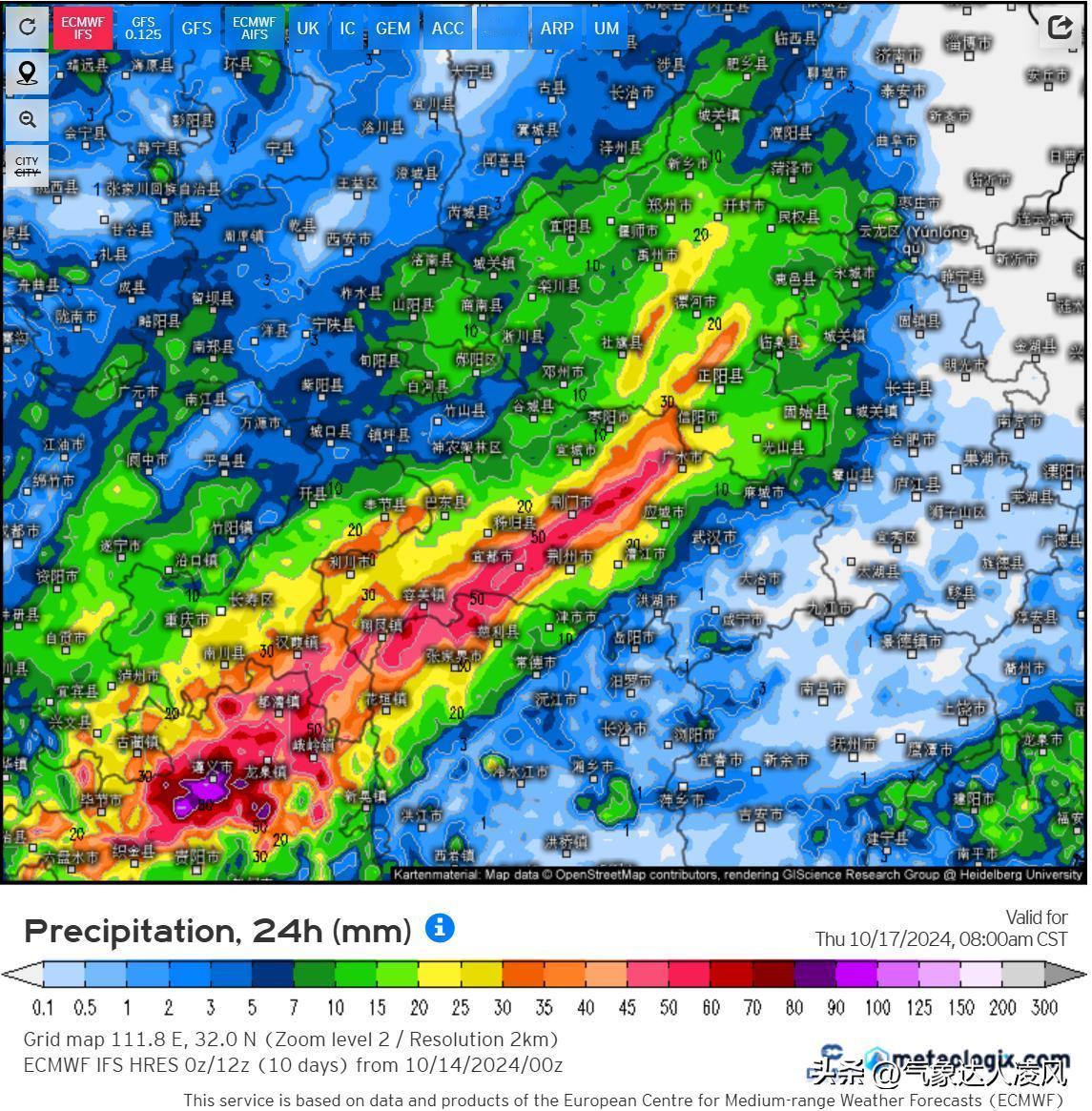 最新的数值预报逐渐北调了16-17号淮河流域的强降雨范围，从苏皖中北部北调到苏皖