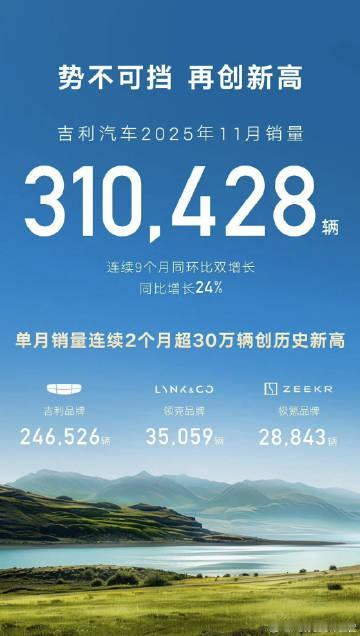 吉利公布了11月的销量：310428辆，再创历史新高
并且势头非常猛，同比增长了