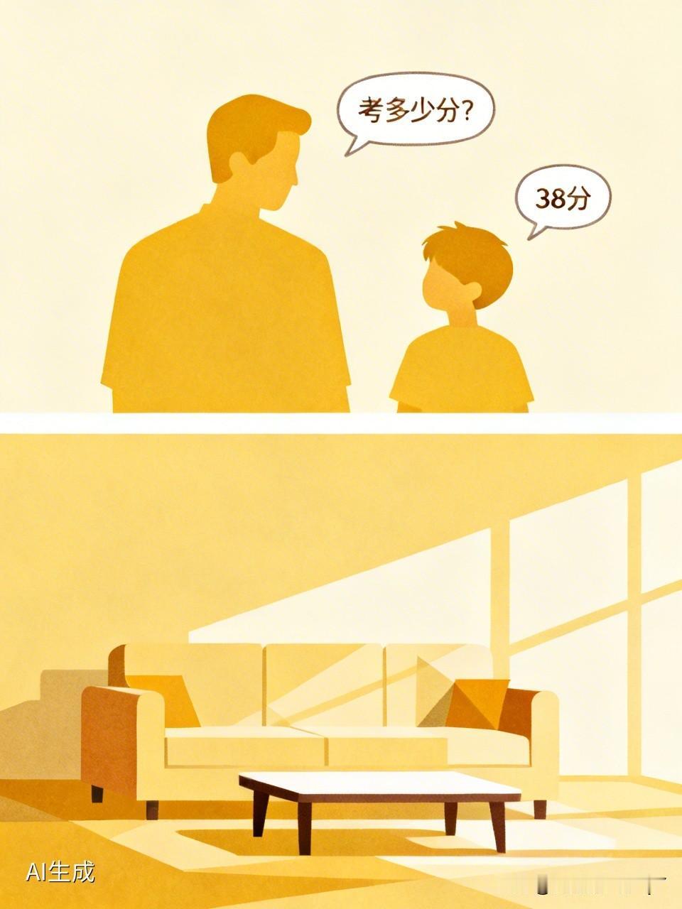 小男孩考完试从学校回到家，爸爸问他：“今天考了多少分？”
儿子答：“38分。”