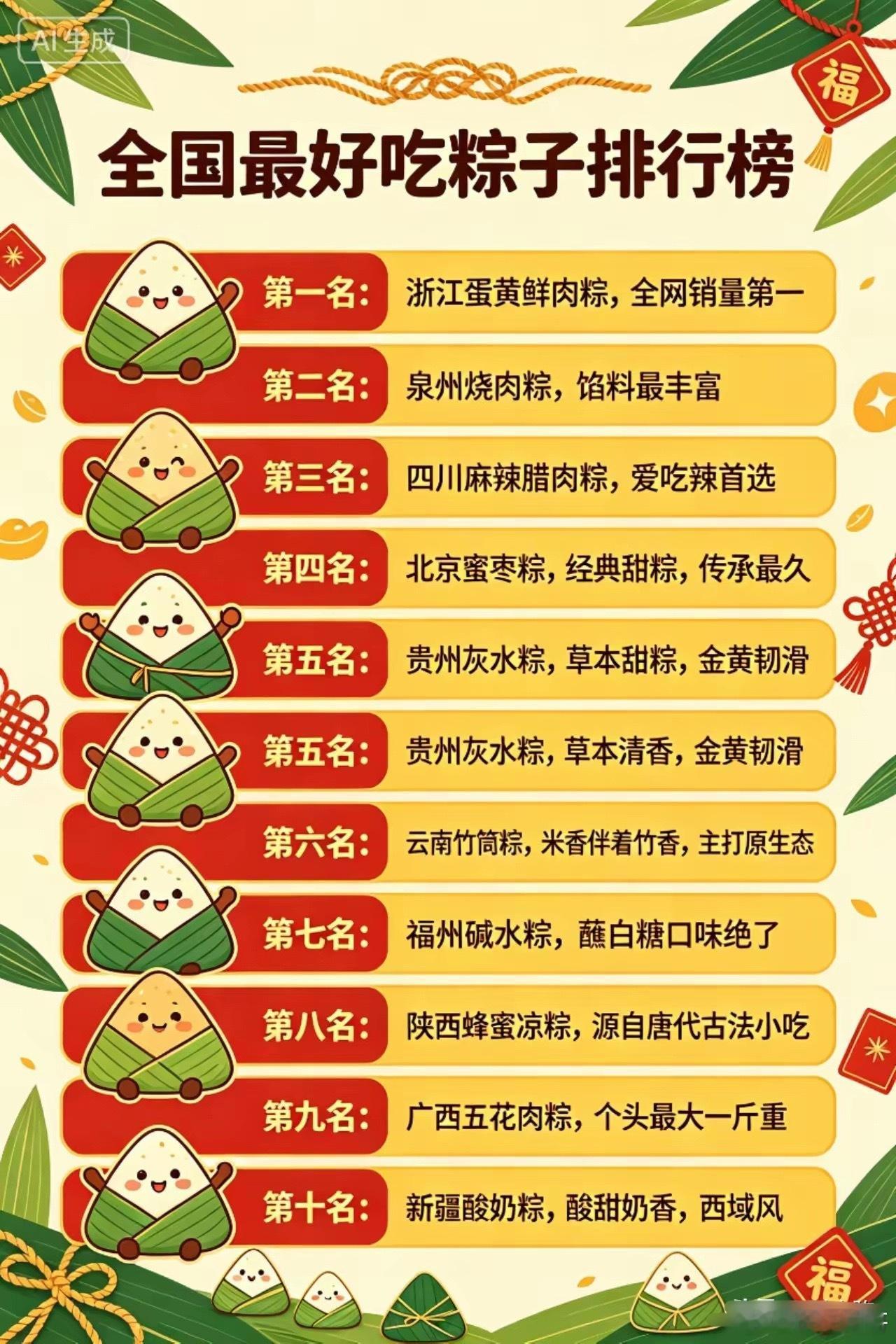 全国最好吃粽子排行榜：第一名：浙江蛋黄鲜肉粽，全网销量第一第二名：泉州烧肉粽，馅