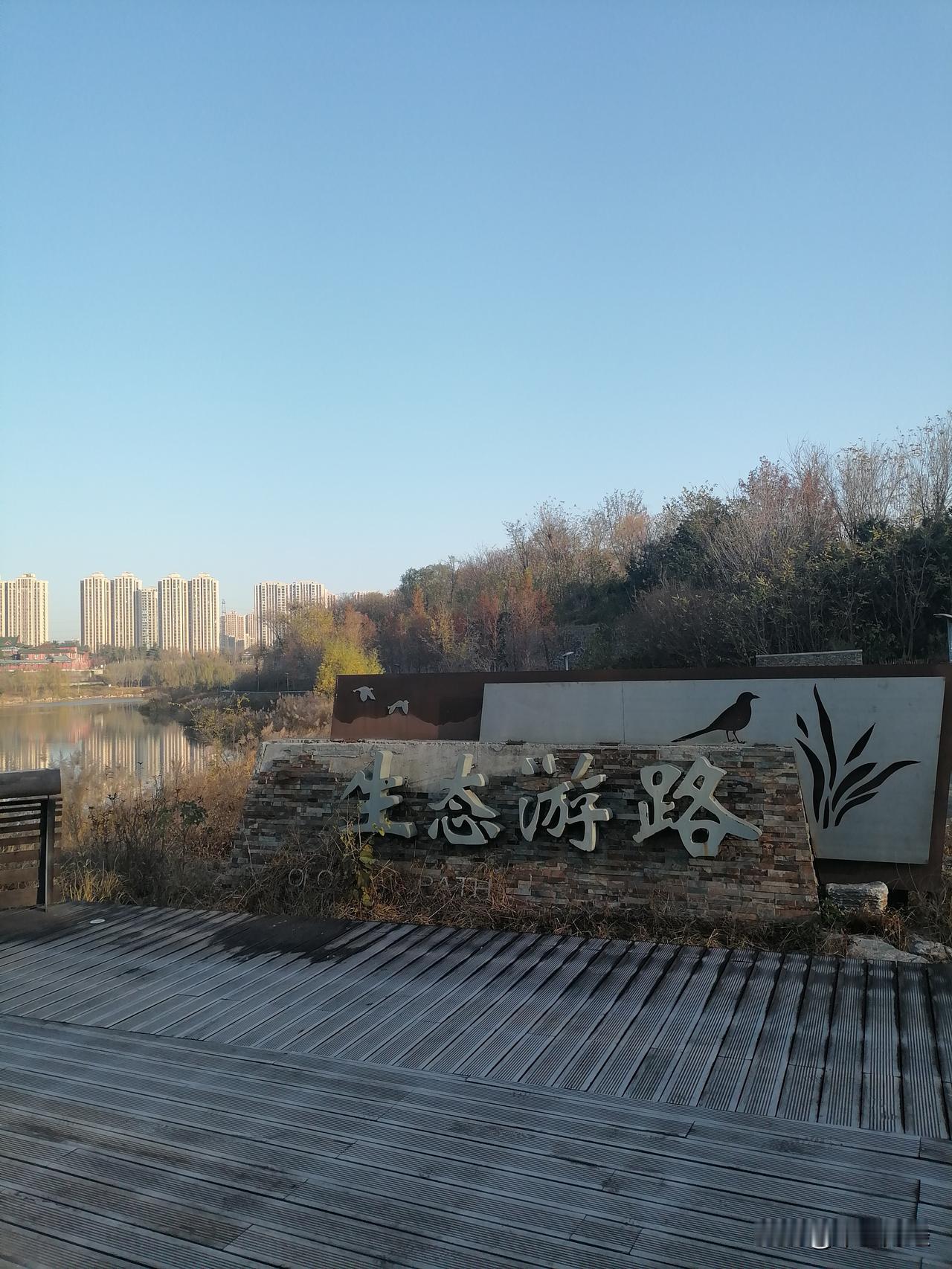 冬日的生态游路！草木开始泛黄，而大地上也出现了一层薄薄的白霜，水天一色野鸭嬉戏，