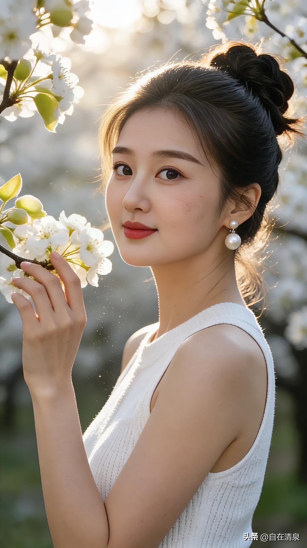 阳光轻洒，踏入花海

白色花瓣似雪飘落肩头

发丝轻扬，与花共舞

眸光流转，藏