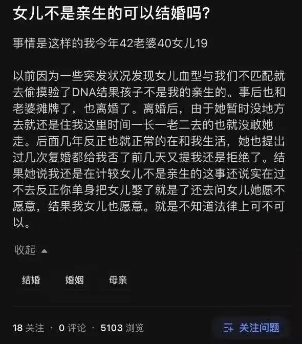 女儿不是亲生的可以结婚吗？

这是在微信上看到有人转发的的内容，一个男子提问的，