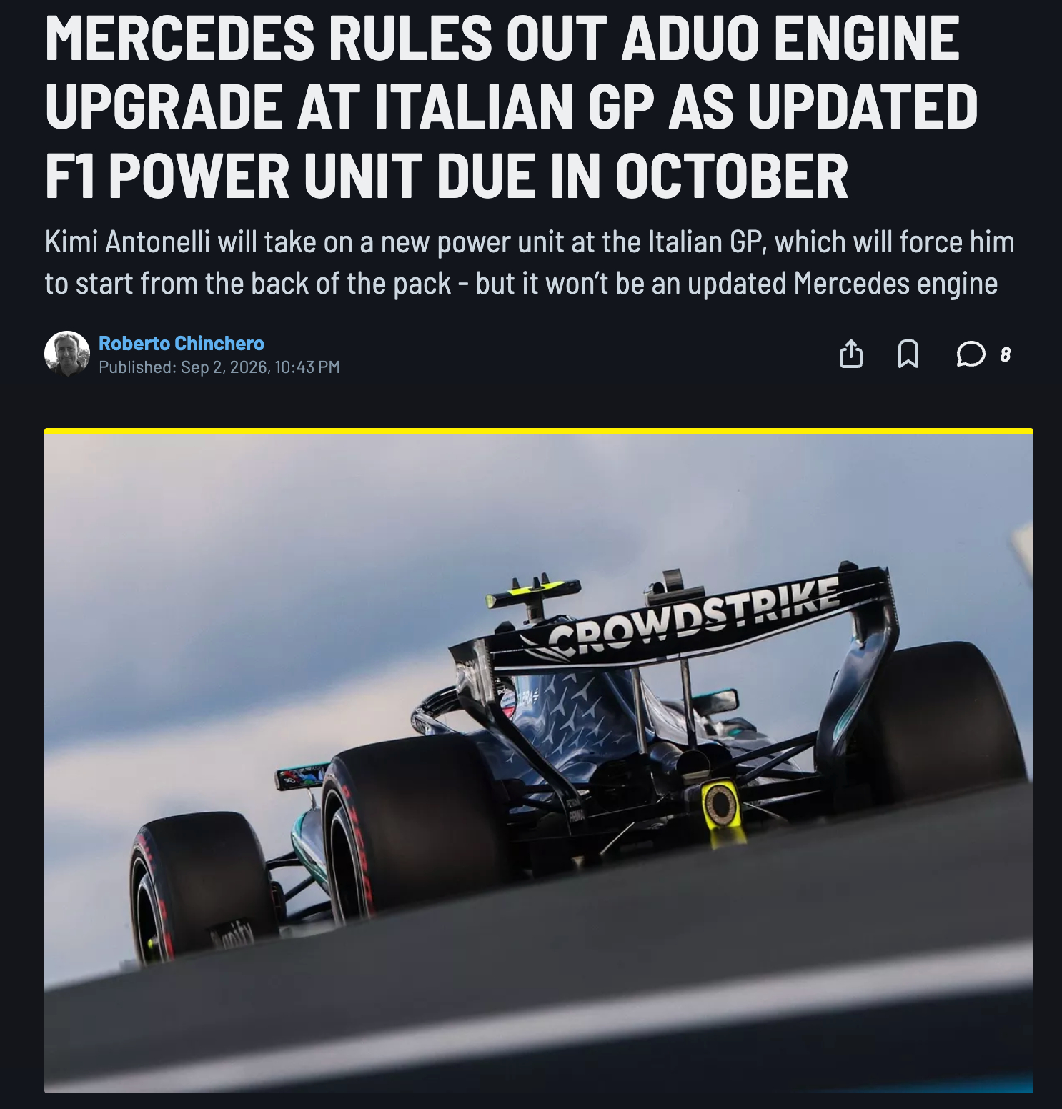 Motorsport：安东内利在意大利大奖赛中换上的新动力单元不会配备ADUO升