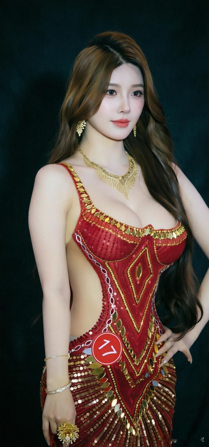 美女模特熙熙酱，2026环球精英小姐广东总冠军。

这一袭红金交织的礼裙，宛如盛