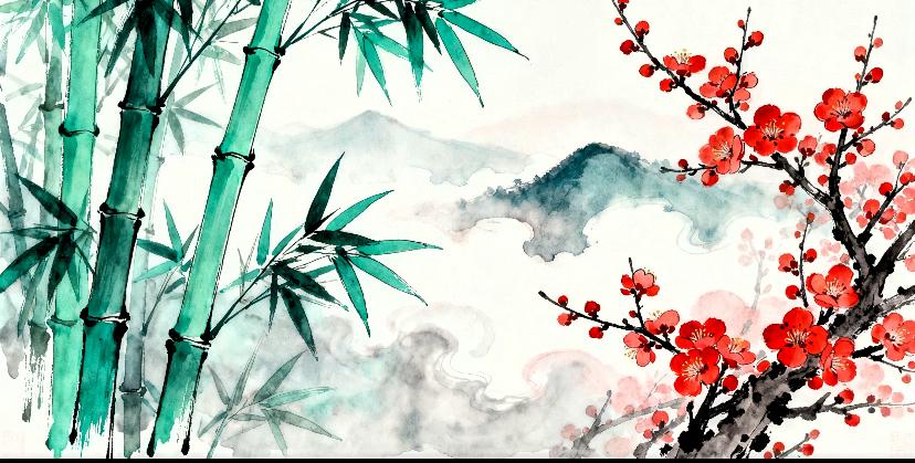 翠绿的竹子一枝枝都透着灵气，看着就舒心！我来凑个热闹对个下联“红梅朵朵香”，青竹