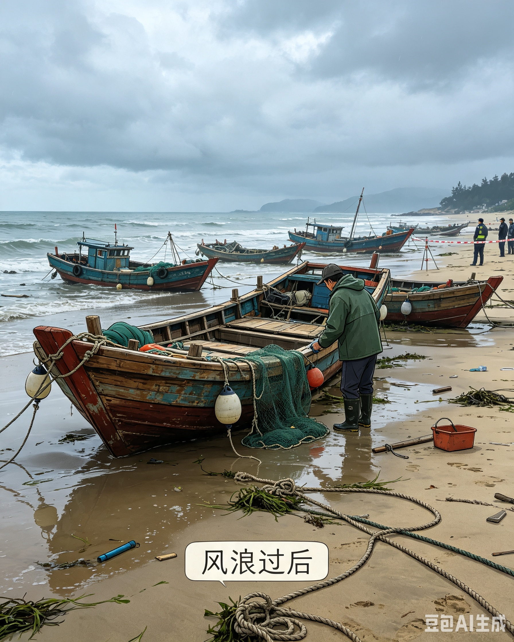 广东汕头南澳多艘渔船在海滩搁浅台风过后，汕头南澳云澳海滩多艘渔船搁浅沙滩。游客眼