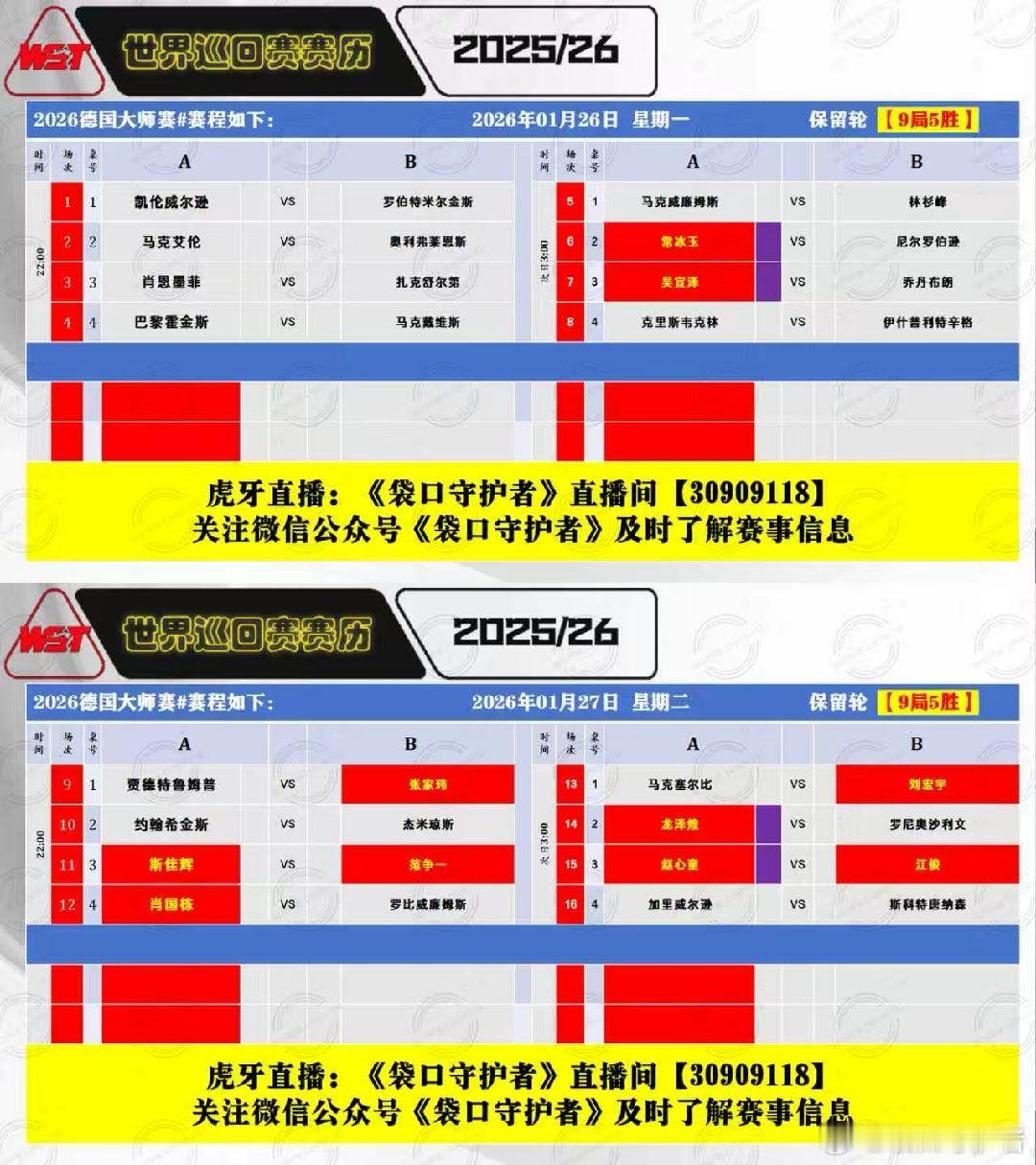 2026德国大师赛开赛2026.01.26人星期一22:00 直播：墨菲(7)V