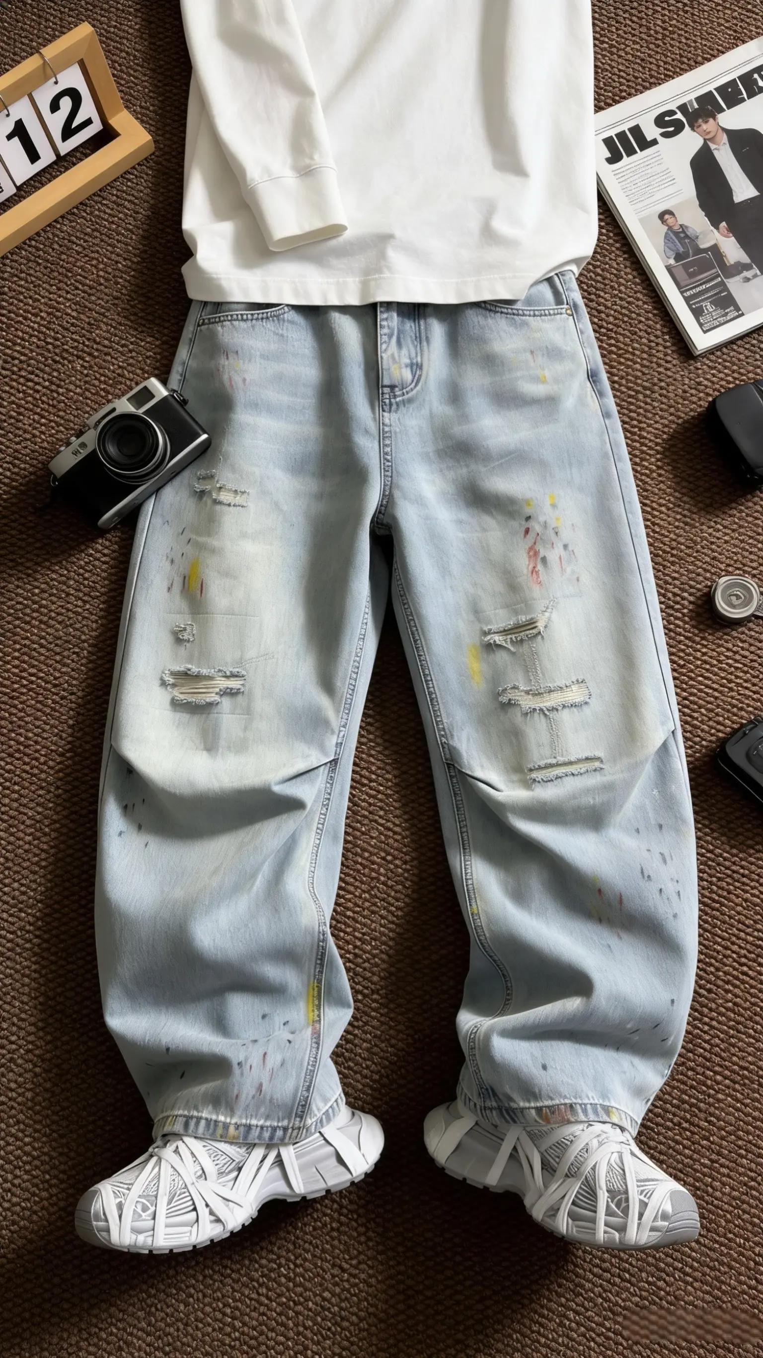 谁能拒绝这款春夏季破洞牛仔裤美式直筒宽松高街水洗做旧设计感涂鸦活力风男裤