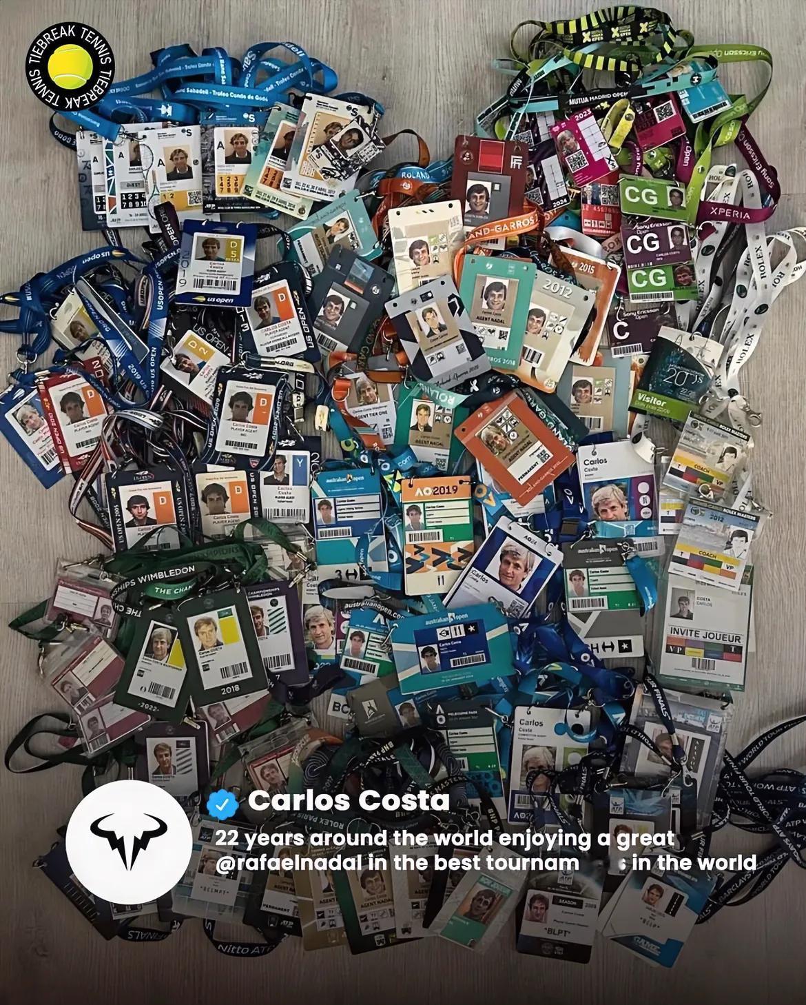 纳达尔的经纪人分享了一张纳达尔22年参赛的参赛证合集，收集了这么多并保存下来，也