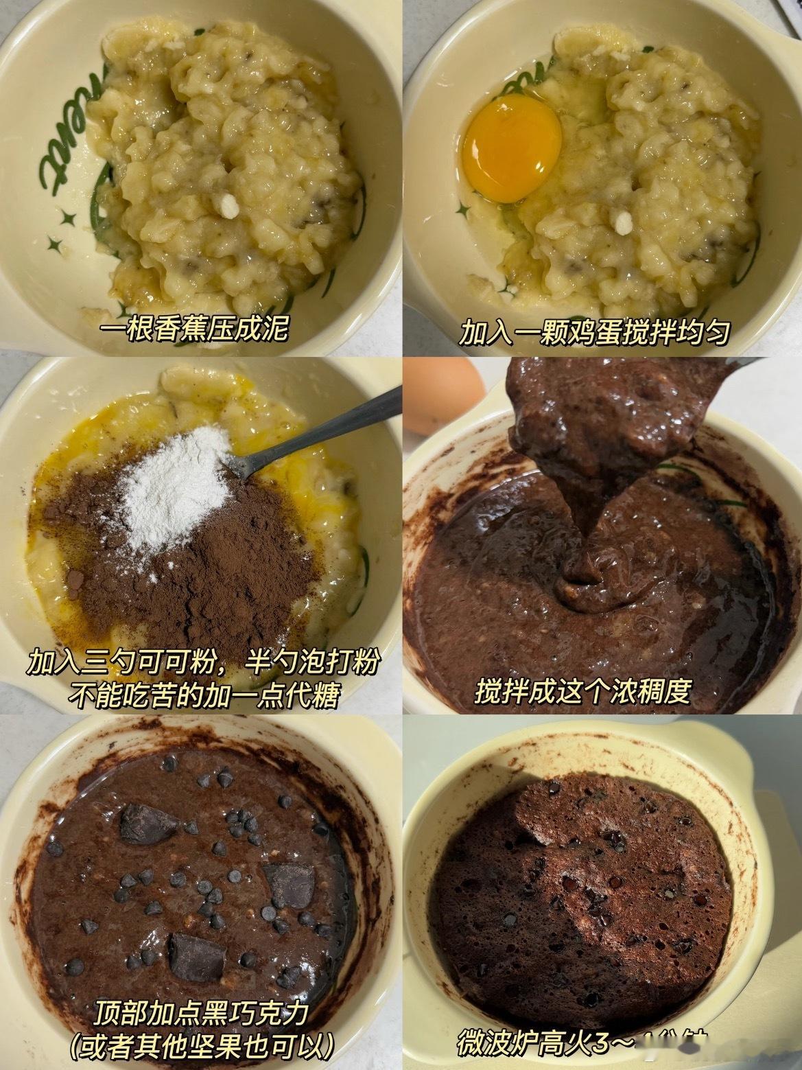 5分钟微波炉巧克力蛋糕🍫，面粉+可可粉+泡打粉各2勺，加牛奶搅成糊～倒进马克杯