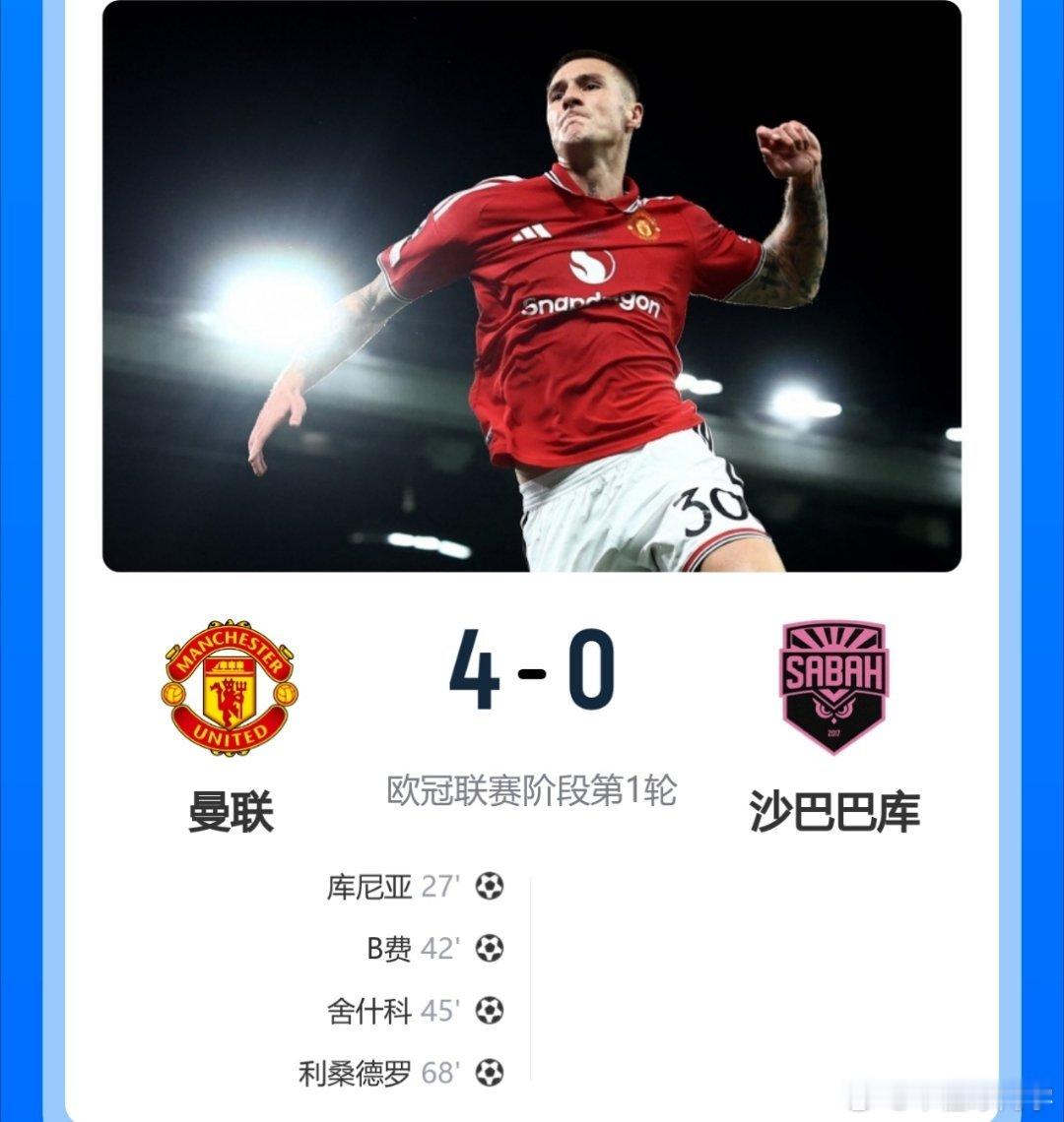 欧冠联赛，曼联4-0沙巴巴库。多尔古助攻库尼亚进球，B费、舍什科连进两球，利桑德
