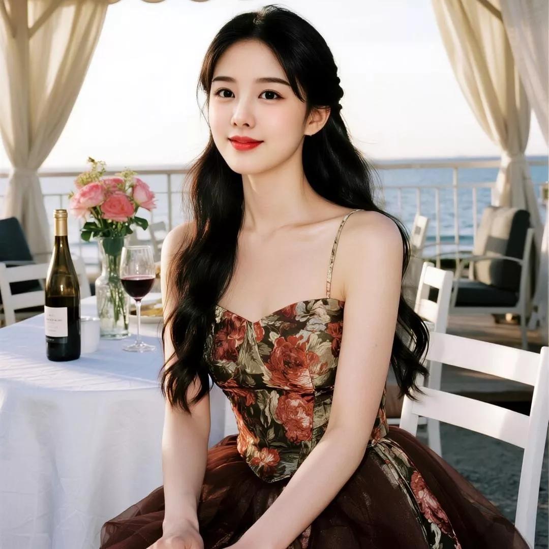 阳光明媚的海边，优雅美人轻靠餐桌，享受浪漫时光。海风美人照 海边度假气质 美女沙