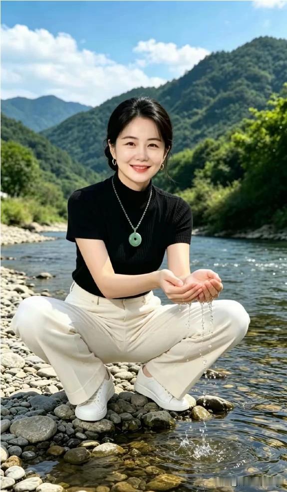 青山绕水白云悠，
玉坠轻垂捧浅流。
溪畔嫣然亲戏水，
亲近自然乐悠悠。