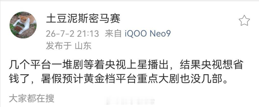 几个平台一堆剧等着央视上星播出，结果央视想省钱了，暑假预计黄金档平台重点大剧也没