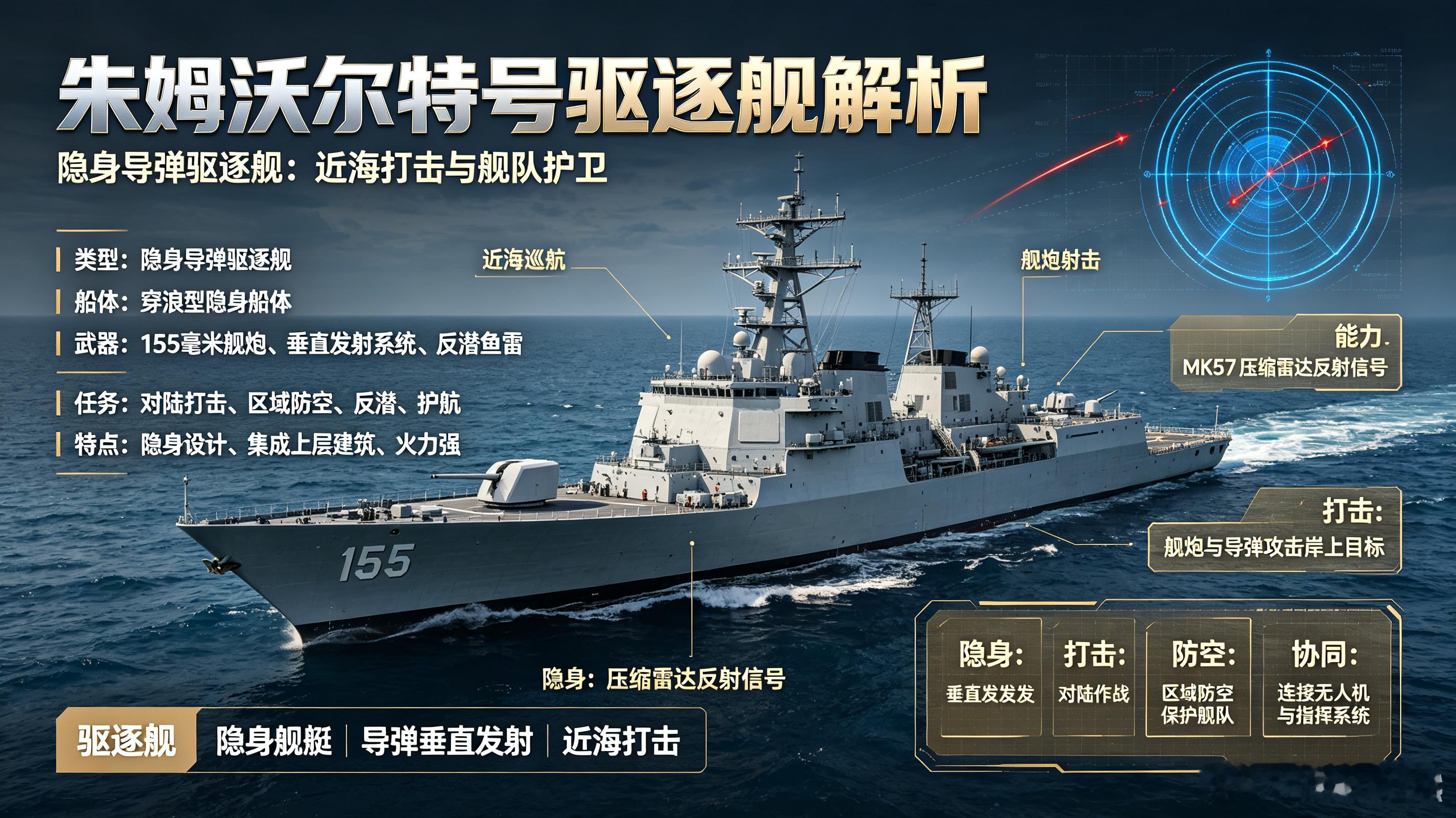 朱姆沃尔特号，美军隐身导弹驱逐舰。穿浪型船体与一体化上层建筑强化隐身能力，配备1