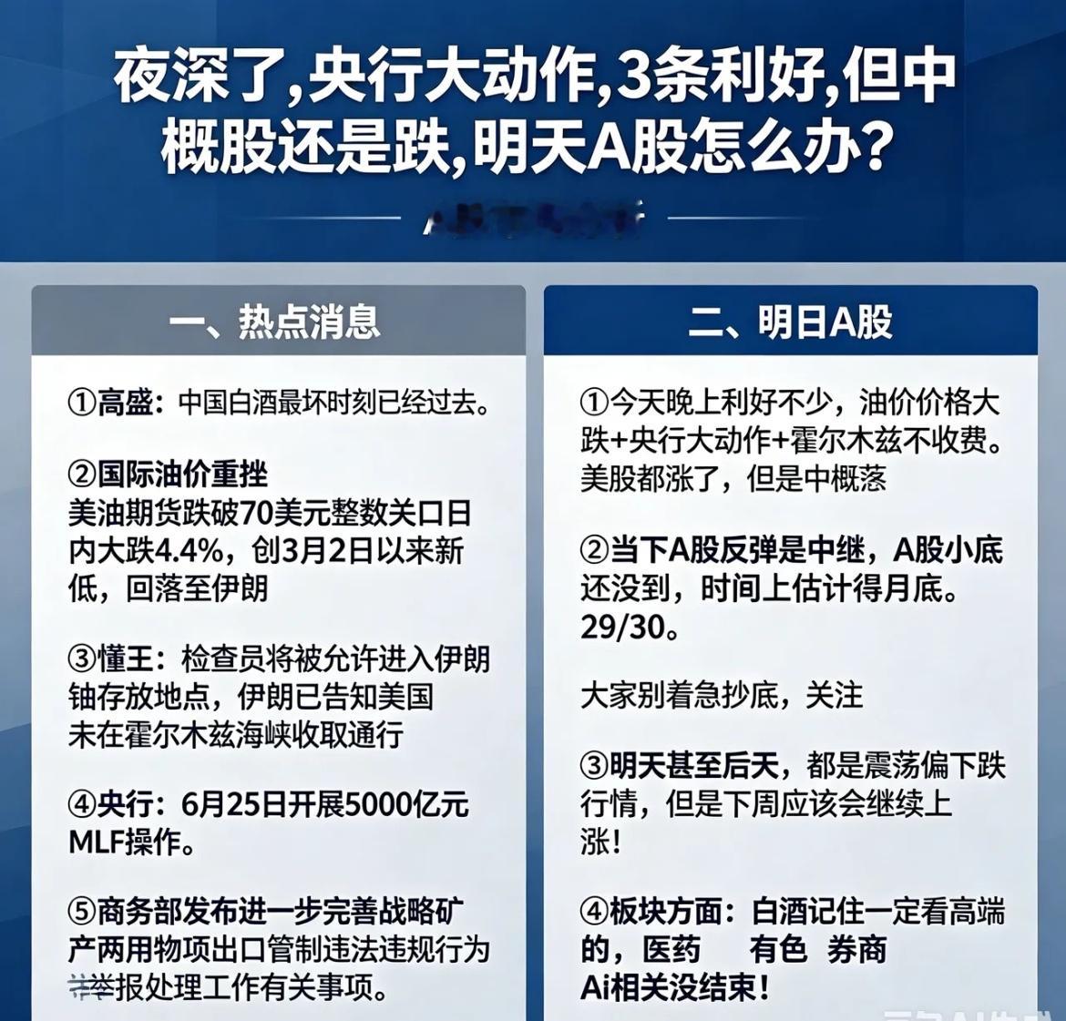 夜深了,央行大动作,3条利好,但中概股还是跌,明天A股怎么办？一、热点消息①高盛