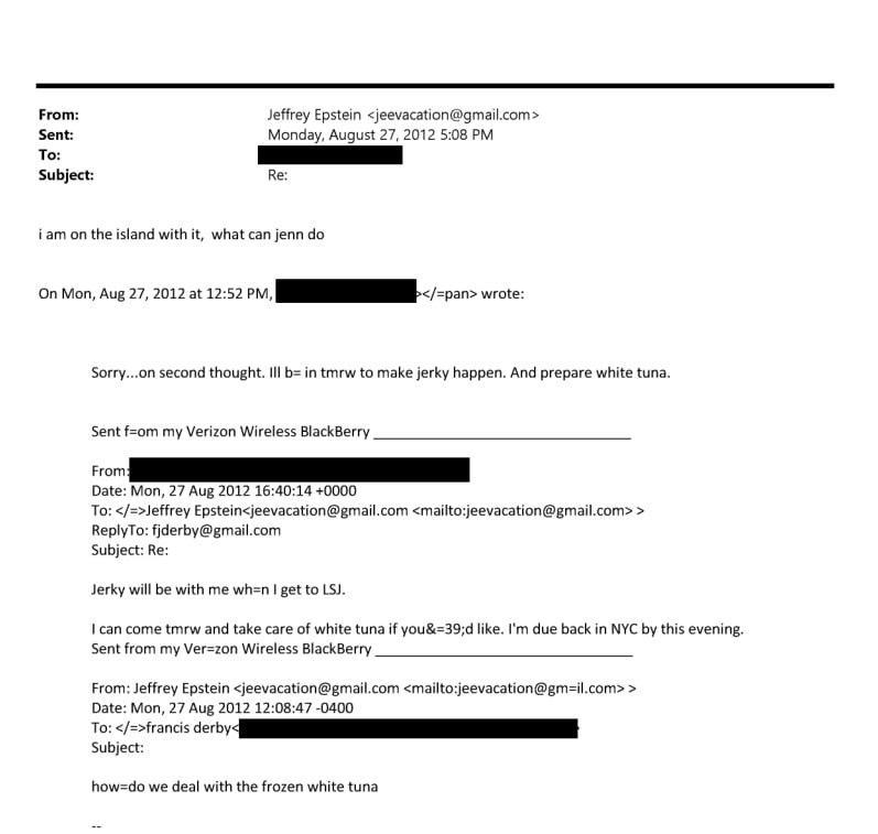 爱泼斯坦在 2012 年 8 月与一位身份不明的人讨论如何准备“冷冻白金枪鱼”并