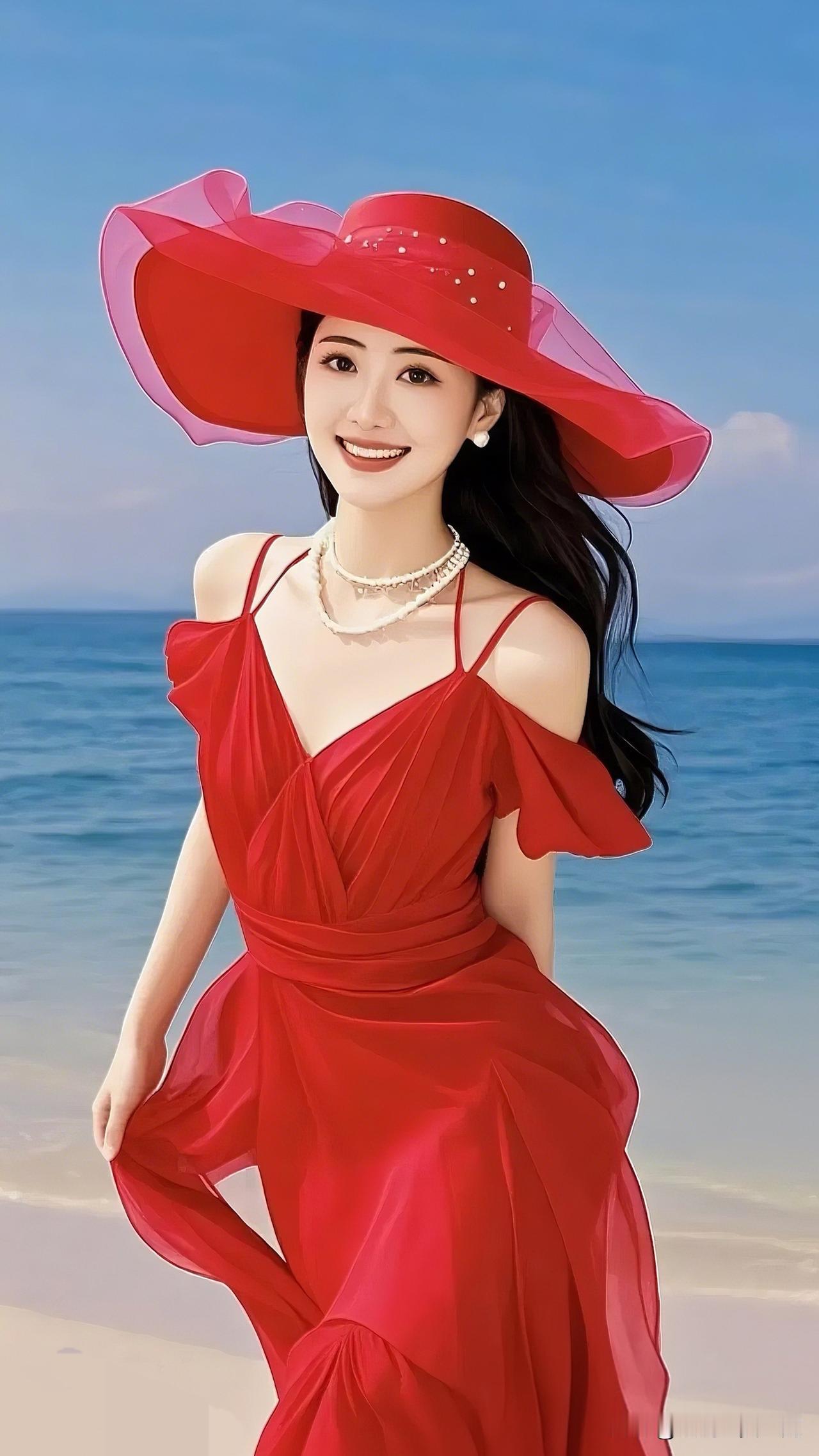 红衣美人倚海畔，笑语盈盈映碧波。随手一拍的氛围感