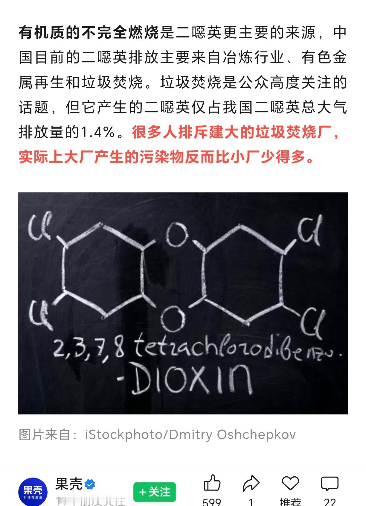 图一，2016年果壳:垃圾焚烧是公众高度关注的话题，但它产生的二噁英仅占我国二噁