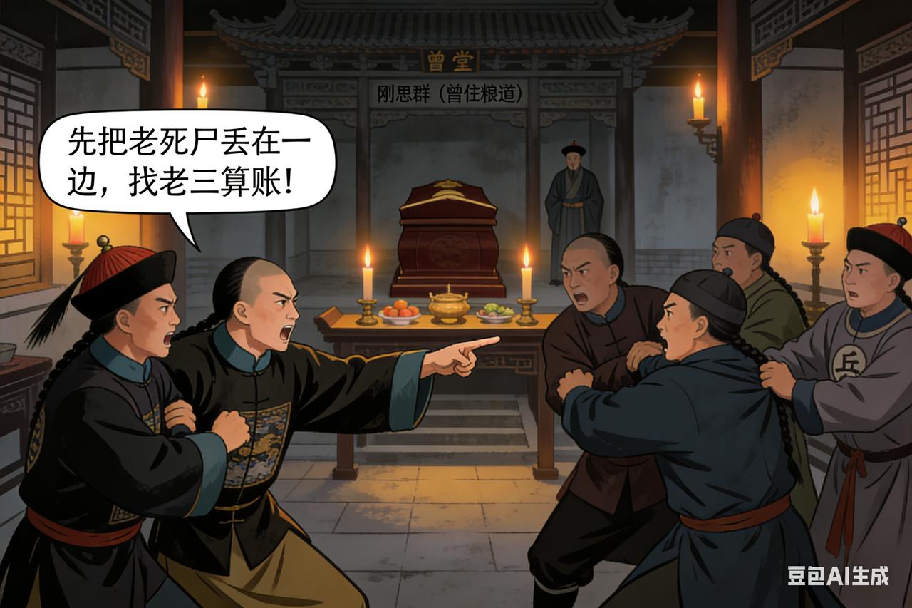 "先把老死尸丢在一边，找老三算账！"

这是清代甘肃一个灵堂里，两个秀才哥哥说出