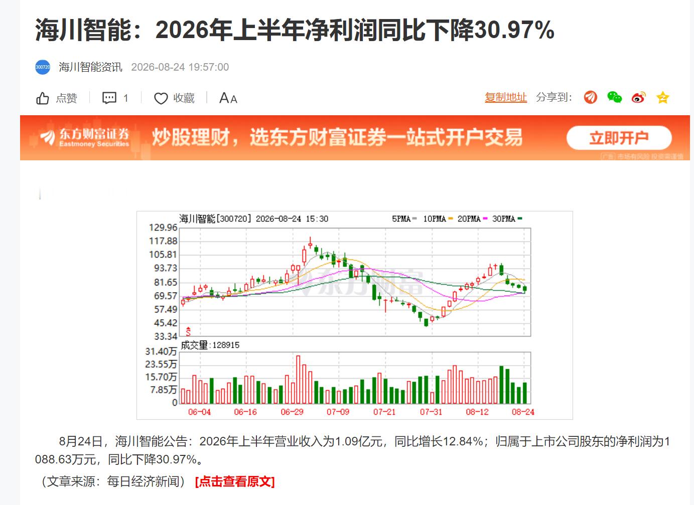 海川智能：2026年上半年净利润同比下降30.97% 