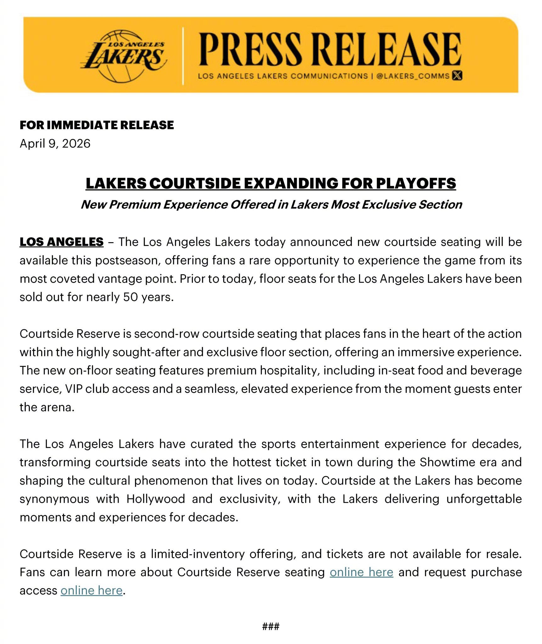 又能多赚一笔！湖人季后赛将新增一排场边VIP座席！湖人队官宣，季后赛他们将会扩展